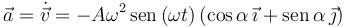 
\vec{a} = \dot{\vec{v}} = -A\omega^2\,\mathrm{sen}\,(\omega t)\,(\cos\alpha\,\vec{\imath} + \mathrm{sen}\,\alpha\,\vec{\jmath})
