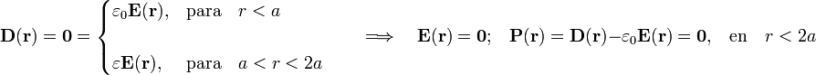 \mathbf{D}(\mathbf{r})=\mathbf{0}= \begin{cases} \varepsilon_0\mathbf{E}(\mathbf{r})\mathrm{,}&\mathrm{para}\quad r<a\\ \\ \varepsilon\mathbf{E}(\mathbf{r})\mathrm{,}&\mathrm{para}\quad a<r<2a \end{cases}\qquad\Longrightarrow\quad\mathbf{E}(\mathbf{r})=\mathbf{0}\mathrm{;}\quad\mathbf{P}(\mathbf{r})=\mathbf{D}(\mathbf{r})-\varepsilon_0\mathbf{E}(\mathbf{r})=\mathbf{0}\mathrm{,}\quad \mathrm{en}\quad r<2a