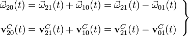 \left.\begin{array}{c}\vec{\omega}_{20}(t)=\vec{\omega}_{21}(t)+\vec{\omega}_{10}(t)=\vec{\omega}_{21}(t)-\vec{\omega}_{01}(t)\\ \\ \mathbf{v}_{20}^C(t)=\mathbf{v}_{21}^C(t)+\mathbf{v}_{10}^C(t)=\mathbf{v}_{21}^C(t)-\mathbf{v}_{01}^C(t)\end{array}\right\}