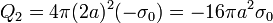 Q_2 = 4\pi (2a)^2(-\sigma_0)=-16\pi a^2\sigma_0\,