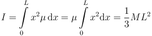 
I =
 \int\limits_{0}^{L}x^2 \mu\,\mathrm{d}x
=
 \mu \int\limits_{0}^{L}x^2 \mathrm{d}x
=
\dfrac{1}{3}ML^2
