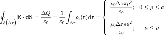 \oint_{\partial\big(\Delta\tau\big)}\!\mathbf{E\cdot dS}=\frac{\Delta Q}{\varepsilon_0}=\frac{1}{\varepsilon_0}\int_{\Delta\tau}\!\rho_e(\mathbf{r})\mathrm{d}\tau=\left\{
\begin{array}{lc}\displaystyle \frac{\rho_0\Delta z\pi\rho^2}{\varepsilon_0};&0\leq\rho\leq a 
\\ \\ \displaystyle\frac{\rho_0\Delta z\pi a^2}{\varepsilon_0};&  a\leq\rho\end{array}\right.
