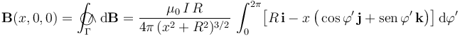 \mathbf{B}(x,0,0)=\int_{\Gamma}\!\!\!\!\!\!\bigcirc\!\!\!\!\wedge \mathrm{d}\mathbf{B}=\frac{\mu_0\!\ I\!\ R}{4\pi\!\ (x^2+R^2)^{3/2}}\!\ \int_0^{2\pi}\! \big[R\!\ \mathbf{i}-x\!\ \big(\cos\varphi^\prime\!\ \mathbf{j}+ \mathrm{sen}\!\ \varphi^\prime\!\ \mathbf{k}\big)\big] \!\ \mathrm{d}\varphi^\prime