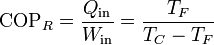 \mathrm{COP}_R = \frac{Q_\mathrm{in}}{W_\mathrm{in}}=\frac{T_F}{T_C-T_F}