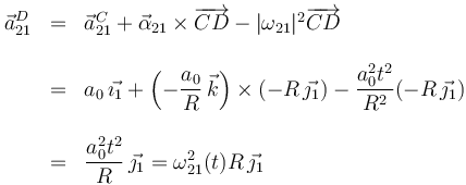 
\begin{array}{rcl}
\displaystyle \vec{a}^D_{21}&=&\vec{a}^C_{21}+\vec{\alpha}_{21}\times\overrightarrow{CD}-|\omega_{21}|^2\overrightarrow{CD}\\ && \\
\displaystyle &=&\displaystyle a_0\,\vec{\imath_1} + \left(-\frac{a_0}{R}\,\vec{k}\right)\times(-R\,\vec{\jmath_1}) -\frac{a_0^2t^2}{R^2}(-R\,\vec{\jmath_1})\\
&&\\
&=&\displaystyle \frac{a_0^2t^2}{R}\,\vec{\jmath_1}=\omega^2_{21}(t)R\,\vec{\jmath_1}
\end{array}
