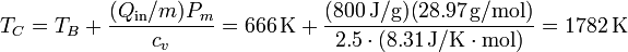 T_C = T_B + \frac{(Q_\mathrm{in}/m)P_m}{c_v}=666\,\mathrm{K}+\frac{(800\,\mathrm{J}/\mathrm{g})(28.97\,\mathrm{g}/\mathrm{mol})}{2.5\cdot (8.31\,\mathrm{J}/\mathrm{K}\cdot\mathrm{mol})}=1782\,\mathrm{K}