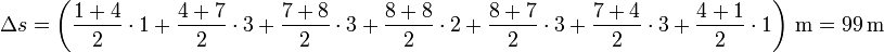 \Delta s = \left(\frac{1+4}{2}\cdot 1+\frac{4+7}{2}\cdot 3+\frac{7+8}{2}\cdot 3+\frac{8+8}{2}\cdot 2 + \frac{8+7}{2}\cdot 3+\frac{7+4}{2}\cdot 3+\frac{4+1}{2}\cdot 1\right)\,\mathrm{m} = 99\,\mathrm{m}