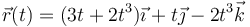 \vec{r}(t)=(3t+2t^3)\vec{\imath}+t\vec{\jmath}-2t^3\vec{k}