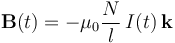 \mathbf{B}(t)=-\mu_0\frac{N}{l}\!\ I(t)\!\ \mathbf{k}