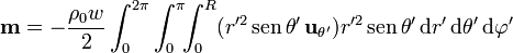 
\mathbf{m}=-\frac{\rho_0w}{2}\int_0^{2\pi}\int_0^\pi\!\!\int_0^R (r'^2\,\mathrm{sen}\,\theta'\,\mathbf{u}_{\theta'})r'^2\,\mathrm{sen}\,\theta'\,\mathrm{d}r'\,\mathrm{d}\theta'\,\mathrm{d}\varphi'