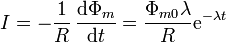 I=-\frac{1}{R}\,
\frac{\mathrm{d}\Phi_m}{\mathrm{d}t} = \frac{\Phi_{m0}\lambda}{R}\mathrm{e}^{-\lambda t}