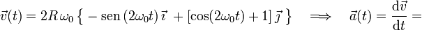 \vec{v}(t)=2R\!\ \omega_0\!\ \big\{-\mathrm{sen}\!\ (2\omega_0t)\!\ \vec{\imath}\ + [\cos (2\omega_0t) + 1]\!\ \vec{\jmath}\ \big\}\quad\Longrightarrow\quad\vec{a}(t)=\frac{\mathrm{d}\vec{v}}{\mathrm{d}t}=