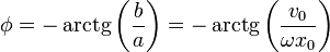 \phi=-\,\mathrm{arctg}\left(\frac{b}{a}\right)=-\,\mathrm{arctg}\left(\frac{v_0}{\omega x_0}\right)