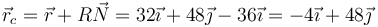 \vec{r}_c=\vec{r}+R\vec{N}=32\vec{\imath}+48\vec{\jmath}-36\vec{\imath}=-4\vec{\imath}+48\vec{\jmath}