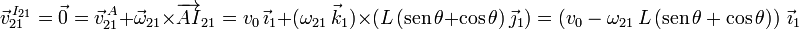 
\vec{v}^{\,I_{21}}_{21} = \vec{0}=\vec{v}^{\,A}_{21} + \vec{\omega}_{21}\times\overrightarrow{AI}_{21} =
v_0\,\vec{\imath}_1 + (\omega_{21}\,\vec{k}_{1})\times(L\,(\mathrm{sen}\,\theta + \cos\theta)\,\vec{\jmath}_1) = 
\left(
v_0 - \omega_{21}\,L\,(\mathrm{sen}\,\theta + \cos\theta)
\right)\,\vec{\imath}_1
