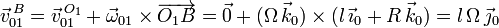 
\vec{v}^{\,B}_{01} = \vec{v}^{\,O_1}_{01} + \vec{\omega}_{01}\times\overrightarrow{O_1B}
= \vec{0} + (\Omega\,\vec{k}_0) \times (l\,\vec{\imath}_0 + R\,\vec{k}_0)
= l\,\Omega\,\vec{\jmath}_0
