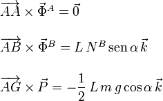 
\begin{array}{l}
\overrightarrow{AA}\times\vec{\Phi}^A = \vec{0} \\ \\
\overrightarrow{AB}\times\vec{\Phi}^B = L\,N^B\,\mathrm{sen}\,\alpha\,\vec{k}\\ \\
\overrightarrow{AG}\times\vec{P} = -\dfrac{1}{2}\,L\,m\,g\cos\alpha\,\vec{k}
\end{array}
