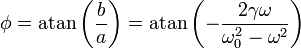 
\phi = \mathrm{atan}\left(\frac{b}{a}\right)=
\mathrm{atan}\left(-\frac{2\gamma\omega}{\omega_0^2-\omega^2}\right)
