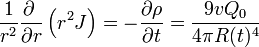 \frac{1}{r^2} \frac{\partial\ }{\partial r}\left(r^2 J \right) = -\frac{\partial\rho}{\partial t} =
\frac{9 v Q_0}{4\pi R(t)^4}