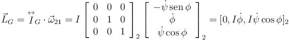 
\vec{L}_G 
=
 \stackrel{\leftrightarrow}{I}_G\cdot\vec{\omega}_{21}
=
I
\left[
\begin{array}{ccc}
0 &  0 & 0\\
0 &  1 & 0\\
0 &  0 & 1
\end{array}
\right]_2
\left[
\begin{array}{c}
-\dot{\psi}\,\mathrm{sen}\,\phi\\
\dot{\phi}\\
\dot{\psi}\cos\phi\\
\end{array}
\right]_2
=
[0,I\dot{\phi}, I\dot{\psi}\cos\phi]_2
