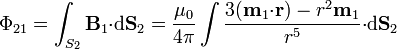 \Phi_{21}=\int_{S_2}\mathbf{B}_1{\cdot}\mathrm{d}\mathbf{S}_2=\frac{\mu_0}{4\pi}
\int\frac{3(\mathbf{m}_1{\cdot}\mathbf{r})-r^2\mathbf{m}_1}{r^5}{\cdot}\mathrm{d}\mathbf{S}_2
