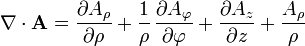 
\nabla\cdot\mathbf{A}=\frac{\partial A_\rho}{\partial\rho}+\frac{1}{\rho}\,\frac{\partial A_\varphi }{\partial\varphi}+\frac{\partial A_z}{\partial z}+\frac{A_\rho}{\rho}