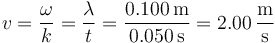 v = \frac{\omega}{k}=\frac{\lambda}{t}=\frac{0.100\,\mathrm{m}}{0.050\,\mathrm{s}}=2.00\,\frac{\mathrm{m}}{\mathrm{s}}