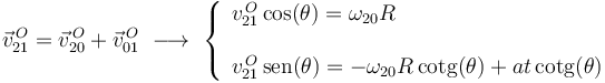 
\vec{v}^{\, O}_{21}=\vec{v}^{\, O}_{20}+\vec{v}^{\, O}_{01}\,\,\longrightarrow\,\,
\left\{\begin{array}{l}
v^{\, O}_{21}\,\mathrm{cos}(\theta)=\omega_{20} R \\ \\
v^{\, O}_{21}\,\mathrm{sen}(\theta)=-\omega_{20} R\,\mathrm{cotg}(\theta)+at\,\mathrm{cotg}(\theta)
\end{array}\right.
