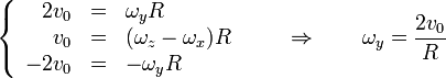 \left\{\begin{array}{rcl} 2v_0 & = & \omega_y R \\ v_0 & = & (\omega_z-\omega_x)R \\ -2v_0 & = & -\omega_y R\end{array}\right.\qquad\Rightarrow\qquad \omega_y = \frac{2v_0}{R}