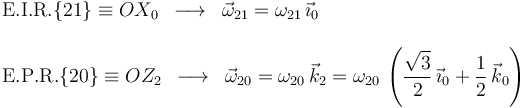 \begin{array}{l}\mathrm{E.I.R.}\{21\}\equiv OX_0\,\,\,\longrightarrow\,\,\,\vec{\omega}_{21}=\omega_{21}\,\vec{\imath}_0 \\ \\ \mathrm{E.P.R.}\{20\}\equiv OZ_2\,\,\,\longrightarrow\,\,\,\vec{\omega}_{20}=\omega_{20}\,\vec{k}_2=\omega_{20}\,\left(\displaystyle\frac{\sqrt{3}}{2}\,\vec{\imath}_0+\frac{1}{2}\,\vec{k}_0\right) \end{array}