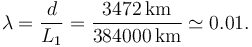 
\lambda = \dfrac{d}{L_1} = \dfrac{3472\,\mathrm{km}}{384000\,\mathrm{km}} \simeq 0.01.
