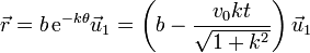 \vec{r}=b\,\mathrm{e}^{-k\theta}\vec{u}_1 = \left(b-\frac{v_0 k t}{\sqrt{1+k^2}}\right)\vec{u}_1