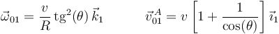 
\vec{\omega}_{01}=\displaystyle\frac{v}{R}\,
\mathrm{tg}^2(\theta)\,\vec{k}_{1} \,\,\,\,\,\,\,\,\,\,\,\,\,\,\,\,\,\,
\vec{v}^{\, A}_{01}=v\left[1+\displaystyle\frac{1}{\mathrm{cos}(\theta)}\right]\vec{\imath}_{1}
