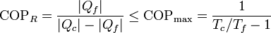 \mathrm{COP}_R=\frac{|Q_f|}{|Q_c|-|Q_f|} \leq \mathrm{COP}_\mathrm{max}=\frac{1}{T_c/T_f-1}