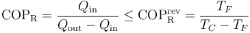 \mathrm{COP}_\mathrm{R}=\frac{Q_\mathrm{in}}{Q_\mathrm{out}-Q_\mathrm{in}} \leq \mathrm{COP}_\mathrm{R}^\mathrm{rev}=\frac{T_F}{T_C-T_F}