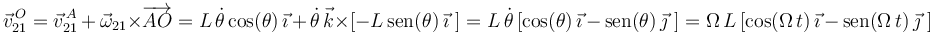 
\vec{v}^{\, O}_{21}=\vec{v}^{\, A}_{21}\,+\,\vec{\omega}_{21}\times\overrightarrow{AO}=L\,\dot{\theta}\,\mathrm{cos}(\theta)\,\vec{\imath}\,+\,\dot{\theta}\,\vec{k}\times[-L\,\mathrm{sen}(\theta)\,\vec{\imath}\,\,]=L\,\dot{\theta}\,[\mathrm{cos}(\theta)\,\vec{\imath}\,-\,\mathrm{sen}(\theta)\,\vec{\jmath}\,\,]=\Omega\,L\,[\mathrm{cos}(\Omega\,t)\,\vec{\imath}\,-\,\mathrm{sen}(\Omega\,t)\,\vec{\jmath}\,\,]
