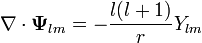 \nabla\cdot\mathbf{\Psi}_{lm}=-\frac{l(l+1)}{r}Y_{lm}