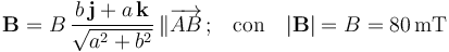 \mathbf{B}=B\!\ \frac{b\!\ \mathbf{j}+a\!\ \mathbf{k}}{\sqrt{a^2+b^2}}\!\ \| \overrightarrow{AB}\!\ \mathrm{;}\quad \mbox{con}\quad|\mathbf{B}|=B=80\,\mathrm{mT}\,