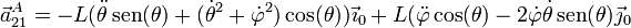 \vec{a}^A_{21}=-L(\ddot{\theta}\,\mathrm{sen}(\theta)+(\dot{\theta}^2+\dot{\varphi}^2)\cos(\theta))\vec{\imath}_0+L(\ddot{\varphi}\cos(\theta)-2\dot{\varphi}\dot{\theta}\,\mathrm{sen}(\theta)\vec{\jmath}_0