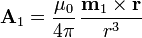 \mathbf{A}_1=\frac{\mu_0}{4\pi}\,\frac{\mathbf{m}_1\times\mathbf{r}}{r^3}