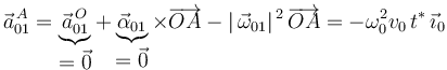 
\vec{a}^{\, A}_{01}=\underbrace{\vec{a}^{\, O}_{01}}_{\displaystyle =\vec{0}}+\underbrace{\vec{\alpha}_{01}}_{\displaystyle =\vec{0}}\times\overrightarrow{OA}-|\,\vec{\omega}_{01}|^{\, 2}\,\overrightarrow{OA}=-\omega_0^2v_0\, t^{*}\,\vec{\imath}_0
