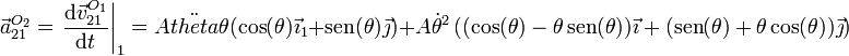 \vec{a}^{O_2}_{21}=\left.\frac{\mathrm{d}\vec{v}^{O_1}_{21} }{\mathrm{d}t}\right|_1=
A\ddot{theta}\theta(\cos(\theta)\vec{\imath}_1+\mathrm{sen}(\theta)\vec{\jmath})+A\dot{\theta}^2\left((\cos(\theta)-\theta\,\mathrm{sen}(\theta))\vec{\imath}+(\mathrm{sen}(\theta)+\theta\cos(\theta))\vec{\jmath}\right)