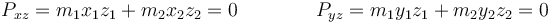 P_{xz}=m_1x_1z_1+m_2x_2z_2=0\qquad\qquad P_{yz}=m_1y_1z_1+m_2y_2z_2=0\,