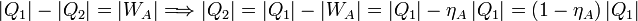 
|Q_1| - |Q_2| = |W_A| \Longrightarrow
|Q_2| = |Q_1| - |W_A| = |Q_1| - \eta_A\,|Q_1| = (1-\eta_A)\,|Q_1|
