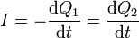 I = -\frac{\mathrm{d}Q_1}{\mathrm{d}t}=\frac{\mathrm{d}Q_2}{\mathrm{d}t}