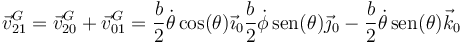\vec{v}^G_{21}=\vec{v}^G_{20}+\vec{v}^G_{01}=\frac{b}{2}\dot{\theta}\cos(\theta)\vec{\imath}_0\frac{b}{2}\dot{\phi}\,\mathrm{sen}(\theta)\vec{\jmath}_0-\frac{b}{2}\dot{\theta}\,\mathrm{sen}(\theta)\vec{k}_0