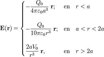 \mathbf{E}(\mathbf{r})=\begin{cases}\displaystyle -\frac{Q_0}{4\pi\varepsilon_0a^3}\ \mathbf{r}\mathbf{;}&\mathrm{en}\quad r<a\\ \\
\displaystyle -\frac{Q_0}{10\pi\varepsilon_0r^3}\ \mathbf{r}\mathbf{;}&\mathrm{en}\quad a<r<2a
\\ \\ \displaystyle\frac{2aV_0}{r^3}\ \mathbf{r}\mathrm{,}&\mathrm{en}\quad r>2a \end{cases}
