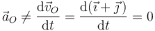 \vec{a}_O\neq \frac{\mathrm{d}\vec{v}_{O}}{\mathrm{d}t}=\frac{\mathrm{d}(\vec{\imath}+\vec{\jmath}\,)}{\mathrm{d}t}=0