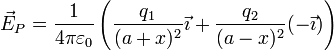 \vec{E}_P = \frac{1}{4\pi\varepsilon_0}\left(\frac{q_1}{(a+x)^2}\vec{\imath}+\frac{q_2}{(a-x)^2}(-\vec{\imath})\right)