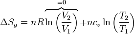 \Delta S_g = n R\overbrace{\ln\left(\frac{V_2}{V_1}\right)}^{=0}+n c_v\ln\left(\frac{T_2}{T_1}\right)